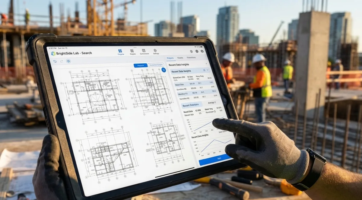 A worker in gloves holding a rugged tablet on an active construction site, tapping a BuildMetricLab screen that shows floor-plan drawings alongside a panel of calculated figures.