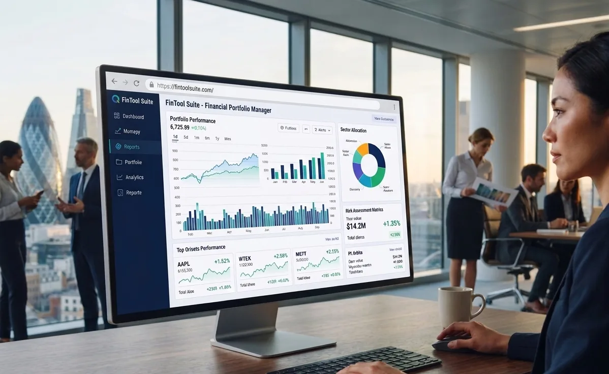 An analyst at a desk reviewing a FinToolSuite portfolio dashboard on a widescreen monitor, showing performance charts and a sector allocation breakdown, in a high-rise office overlooking a city skyline.