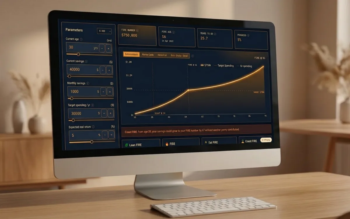 The FireMathLab FIRE calculator on a desktop monitor in a sunlit room, a parameters panel of current age, savings, and target spending down the left, and on the right summary tiles reading a $750,000 FIRE number, a FIRE age of 56, and 25.7 years to go, above a projection chart curving up to that target.