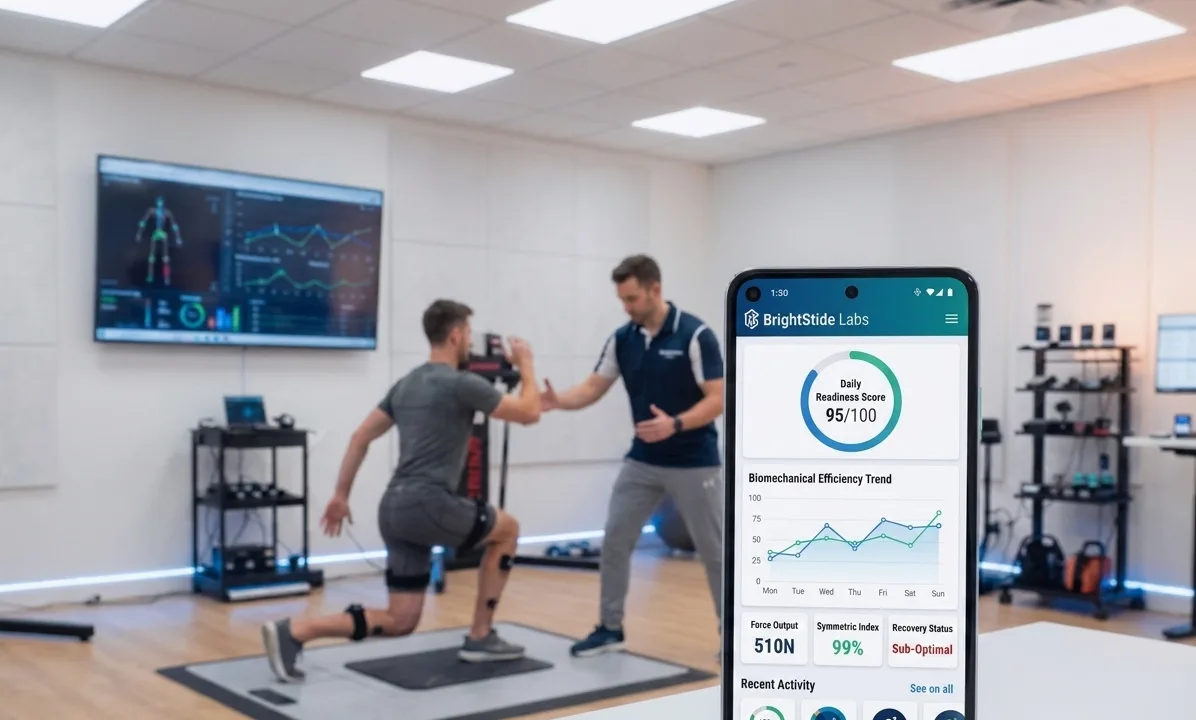 A coach guiding an athlete through a lunge on a force plate in a performance lab, with a phone in the foreground showing a FitMetricLab dashboard: a daily readiness score, an efficiency trend chart, and force output figures.