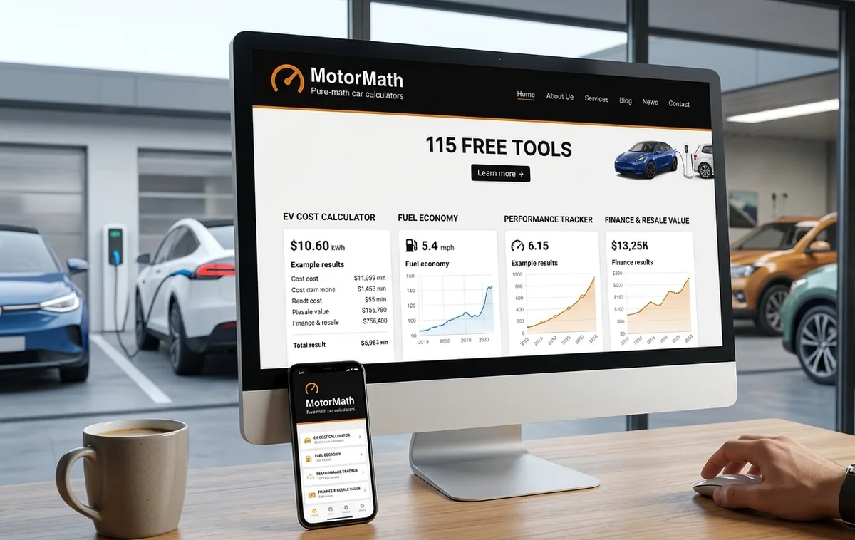 A MotorMath cost-of-ownership calculator open on a desktop monitor and phone in a car dealership showroom, showing EV running-cost, fuel economy, and resale value panels, with cars parked behind.