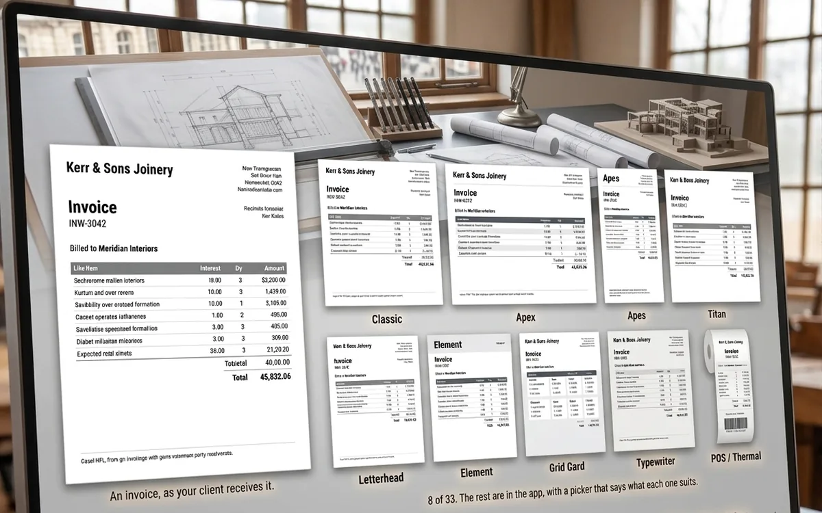 The PlainEstimate layout picker on a widescreen monitor in a drawing office: a full invoice for a joinery firm on the left, and beside it a grid of the same invoice in alternative layouts labelled Classic, Apex, Titan, Letterhead, Element, Grid Card, Typewriter and a 72mm till roll.