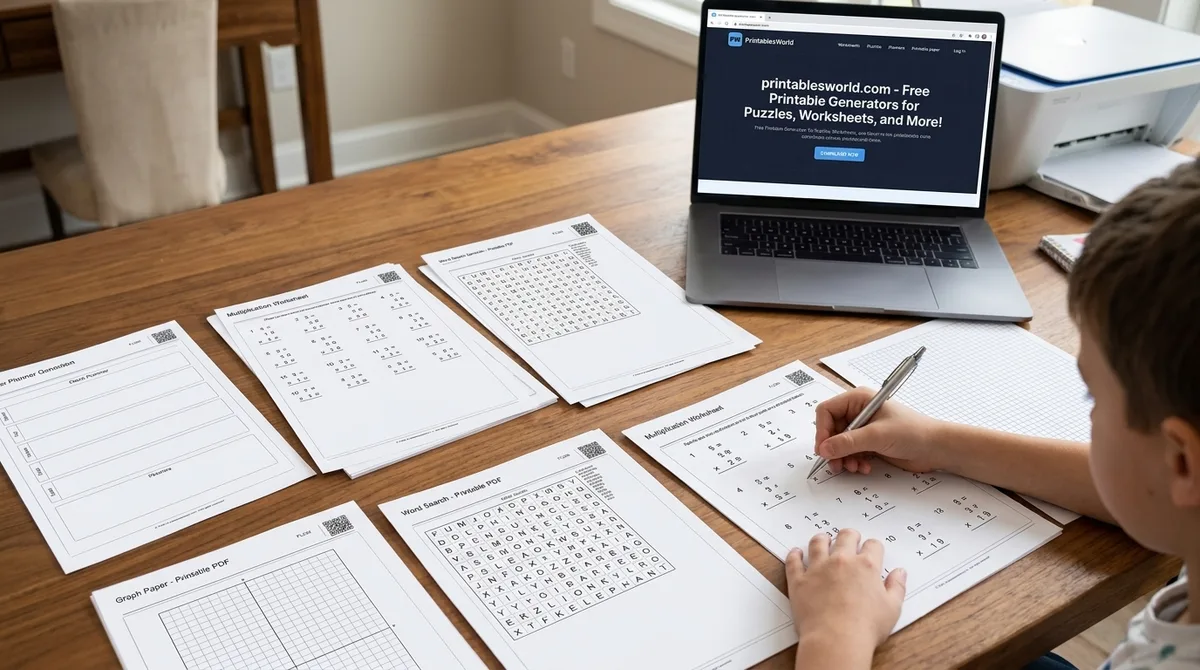 A child at a dining table filling in a printed multiplication worksheet by hand, with word searches, graph paper, and a planner page spread across the table, and the printablesworld.com generator open on a laptop beside a printer.