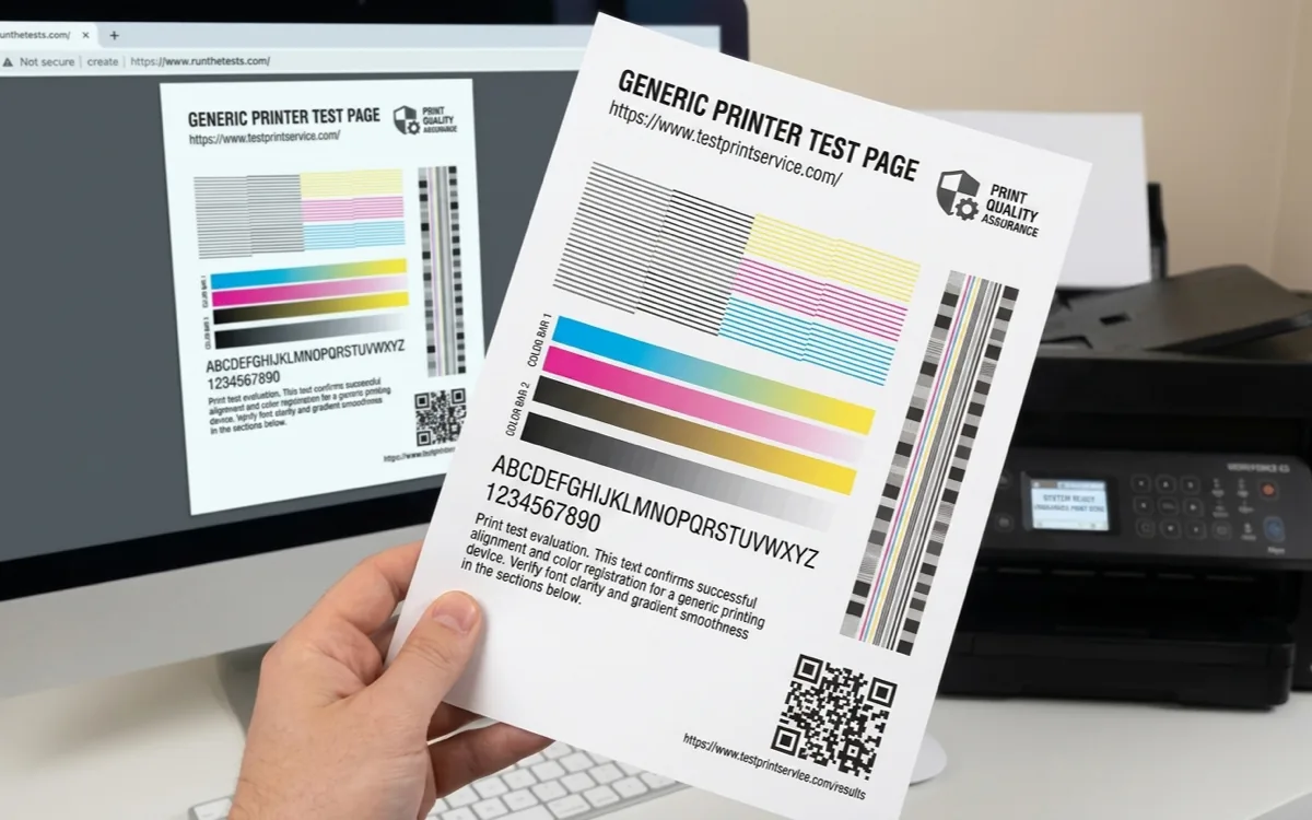 A hand holding a freshly printed printer test page, carrying CMYK colour bars, nozzle-check line patterns, a greyscale ramp, an alphabet and numerals row and a QR code, in front of a desktop monitor showing the same page open on runthetests.com, with an inkjet printer beside it.