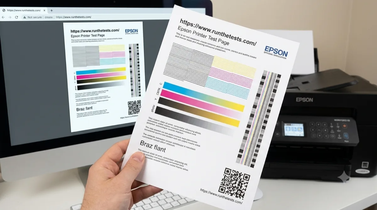 A hand holding a freshly printed RunTheTests printer test page with CMYK colour bars, alignment line patterns, a greyscale ramp, and a QR code, in front of a desktop monitor showing the same page on runthetests.com and an inkjet printer on the desk.