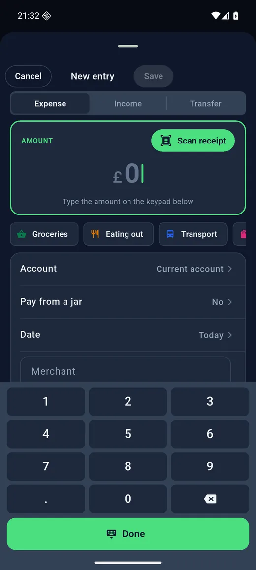 Expense Diary on Android in dark mode: Add an entry. Amount-first keypad with category chips, pay from a jar and the receipt scanner.