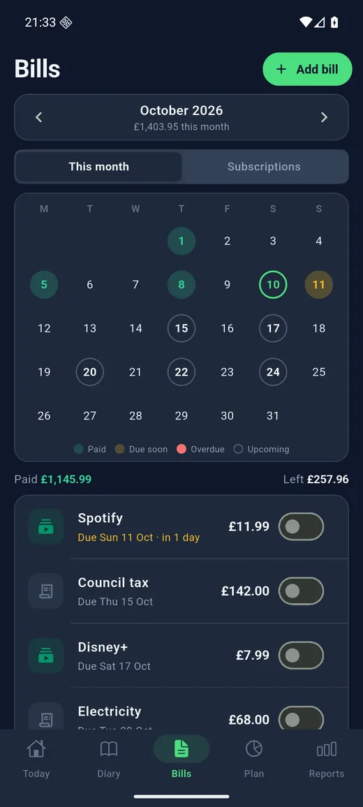 Expense Diary on Android in dark mode: Bills calendar. The month as a calendar, each date coloured paid, due soon, overdue or upcoming, with a paid switch on every bill.