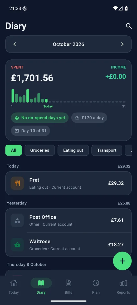Expense Diary on Android in dark mode: Diary. Every entry by day, a bar for each day of the month, the daily average and search.