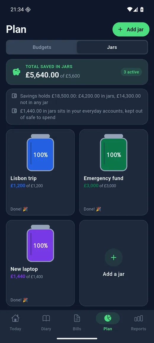 Expense Diary on Android in dark mode: Jars. Savings pots that fill as you add money, with the account each one sits in.
