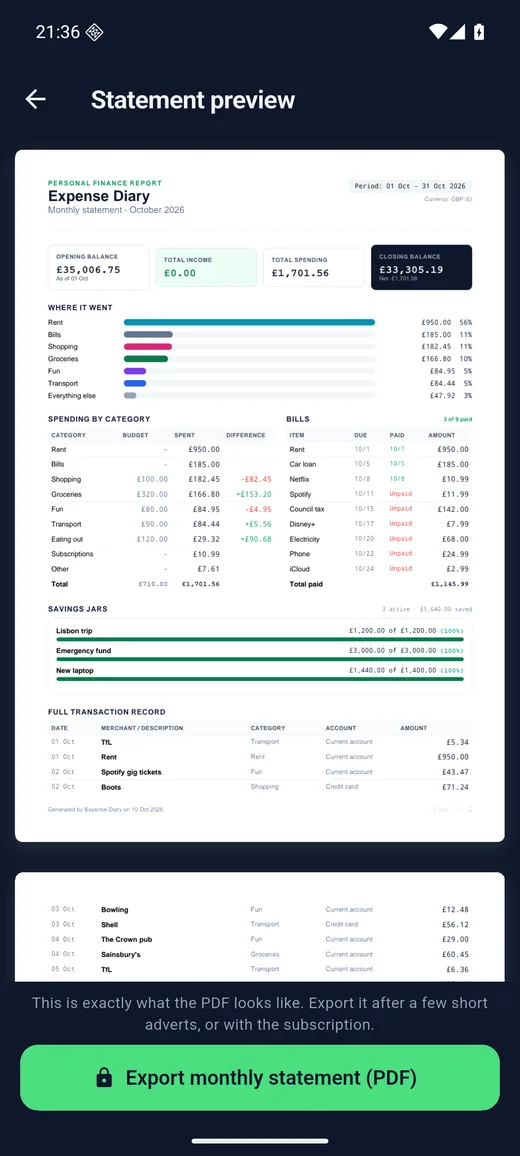 Expense Diary on Android in dark mode: Statement. A monthly statement with a Where it went chart, exported as an A4 PDF or CSV for subscribers.