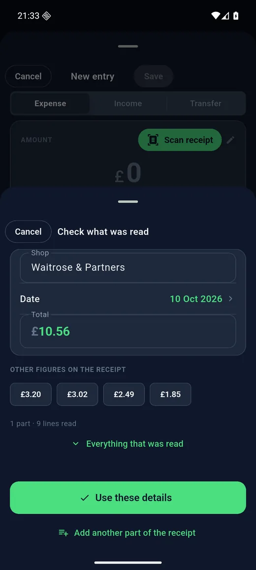 Expense Diary on Android in dark mode: Scan a receipt. Shop, date and total read from a receipt on the phone, ready to check.