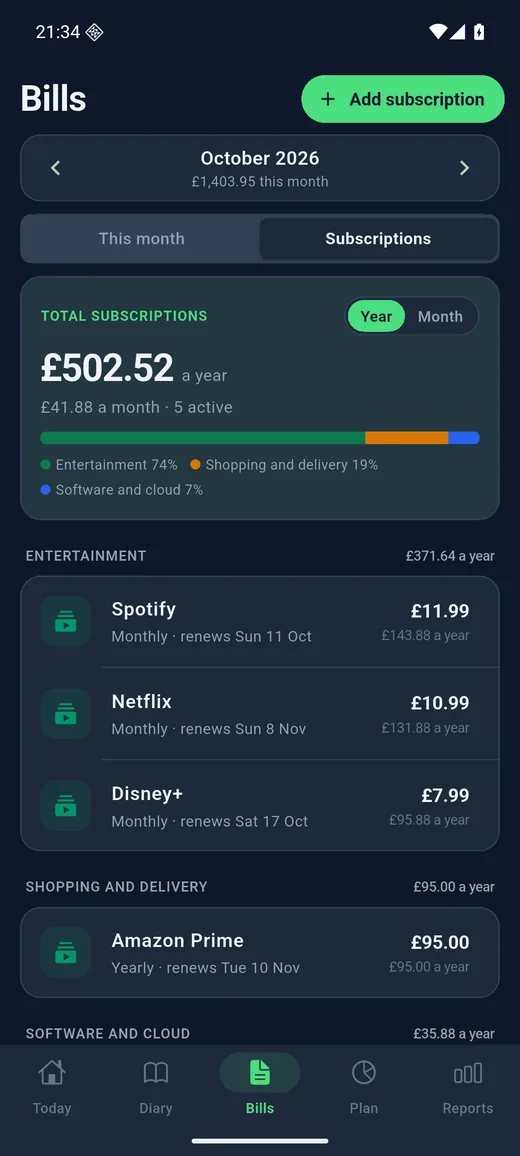 Expense Diary on Android in dark mode: Subscriptions. What streaming, software and the gym add up to, by the year or by the month.
