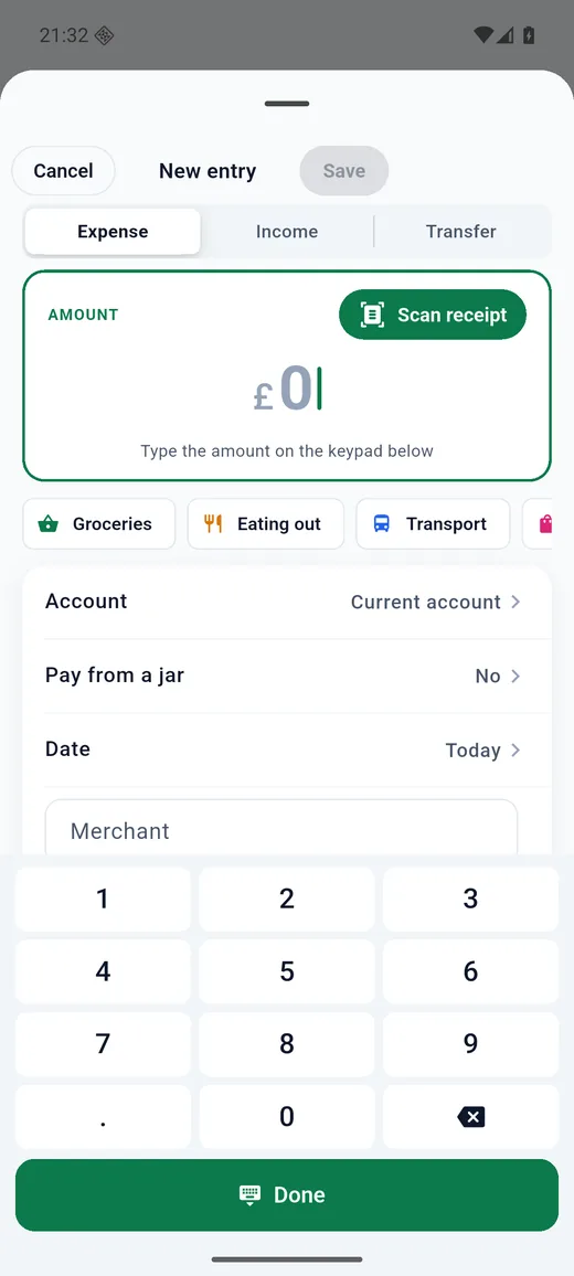 Expense Diary on Android: Add an entry. Amount-first keypad with category chips, pay from a jar and the receipt scanner.