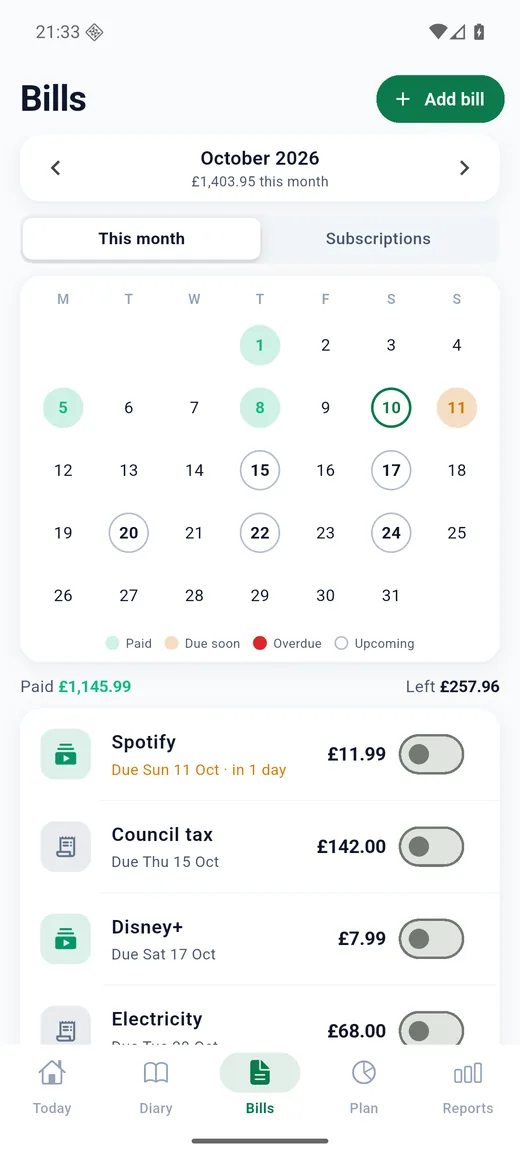 Expense Diary on Android: Bills calendar. The month as a calendar, each date coloured paid, due soon, overdue or upcoming, with a paid switch on every bill.
