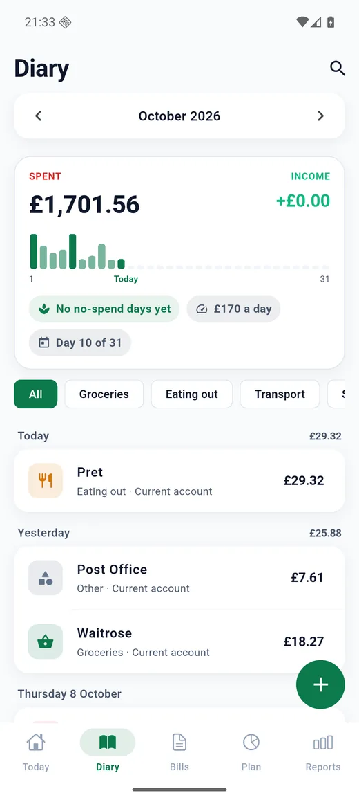 Expense Diary on Android: Diary. Every entry by day, a bar for each day of the month, the daily average and search.