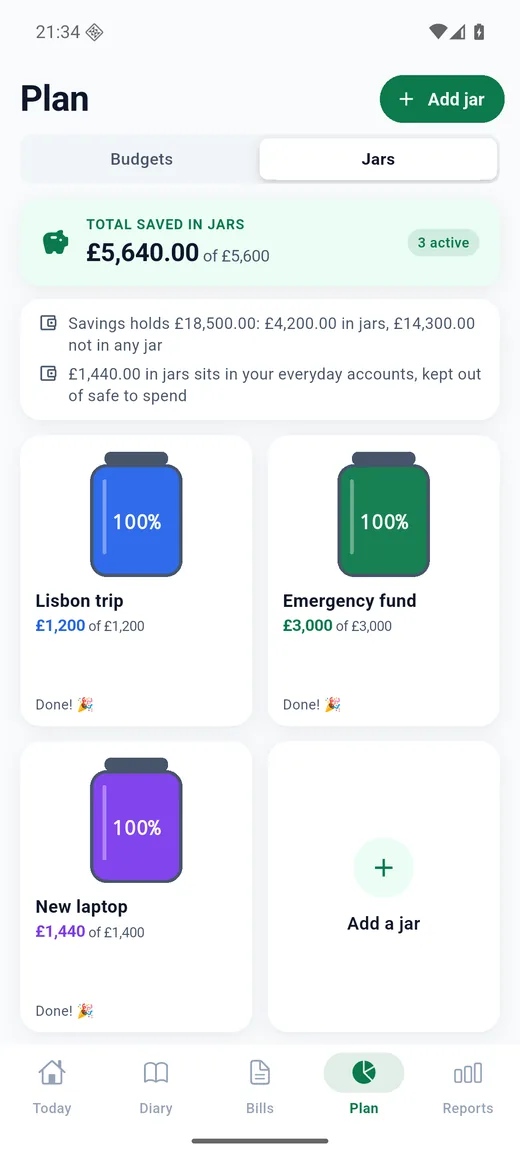Expense Diary on Android: Jars. Savings pots that fill as you add money, with the account each one sits in.