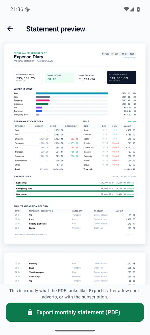 Expense Diary on Android: Statement. A monthly statement with a Where it went chart, exported as an A4 PDF or CSV for subscribers.