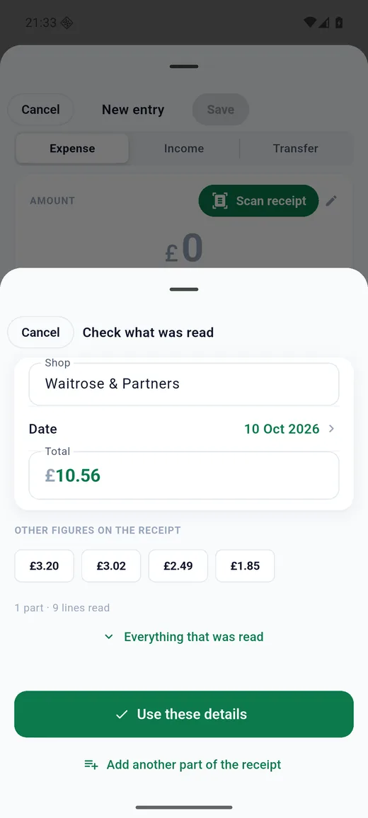 Expense Diary on Android: Scan a receipt. Shop, date and total read from a receipt on the phone, ready to check.