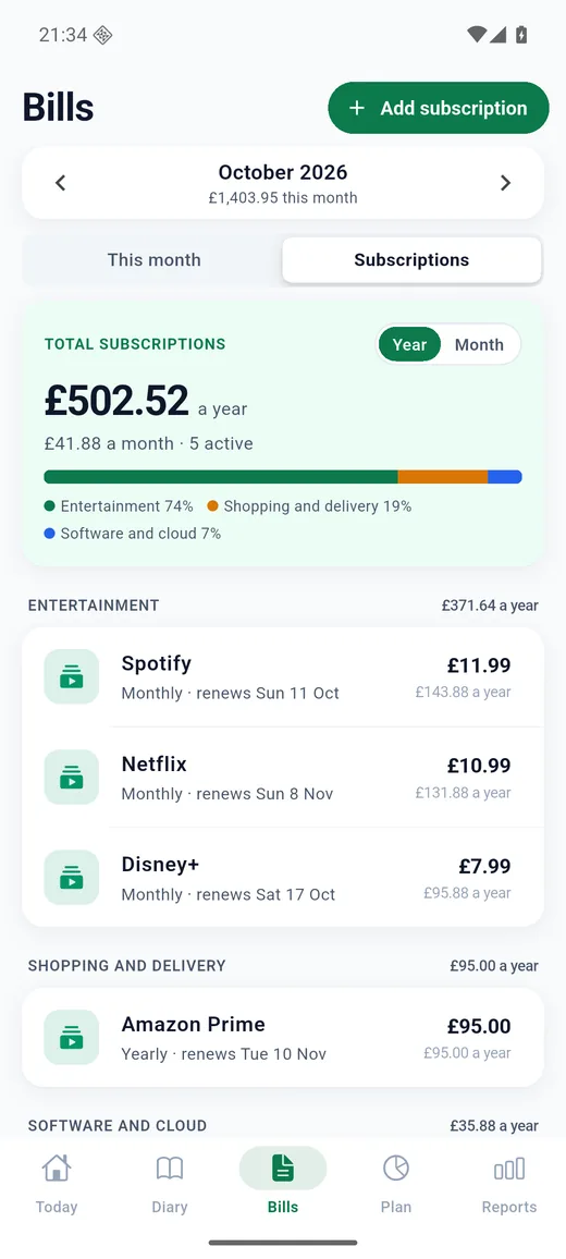 Expense Diary on Android: Subscriptions. What streaming, software and the gym add up to, by the year or by the month.
