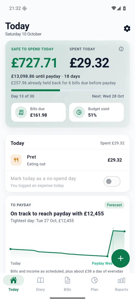 Expense Diary on Android: Today. The Today screen: safe to spend, how much is held back for bills, a forecast to payday and what is worth knowing.