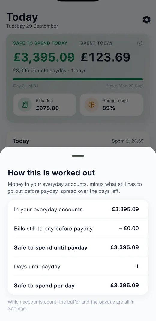 The How this is worked out sheet in Expense Diary, listing accounts, bills held back, days until payday and the daily figure