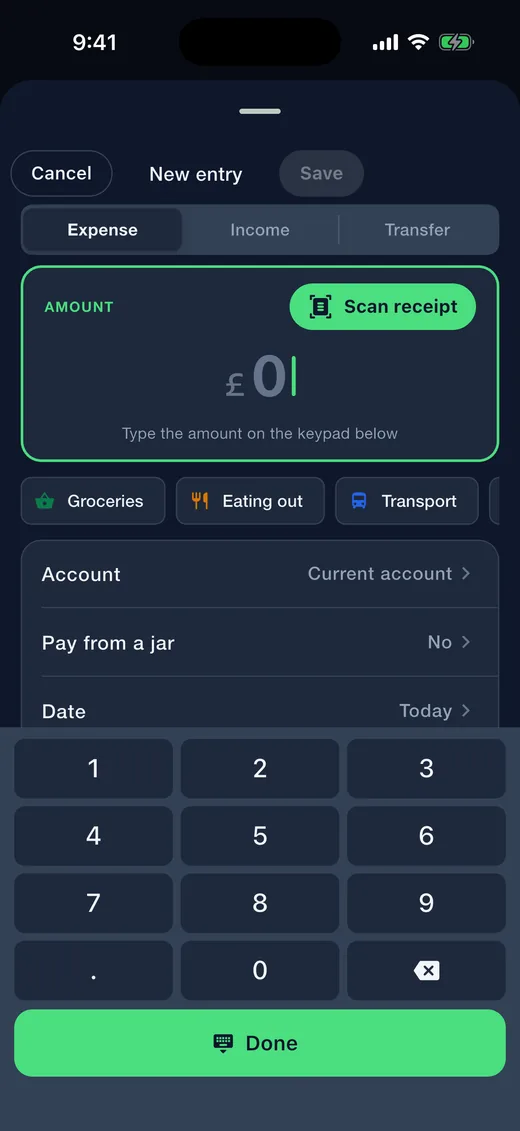 Expense Diary on iPhone in dark mode: Add an entry. Amount-first keypad with category chips, pay from a jar and the receipt scanner.