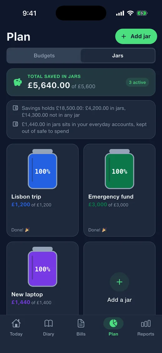 Expense Diary on iPhone in dark mode: Jars. Savings pots that fill as you add money, with the account each one sits in.