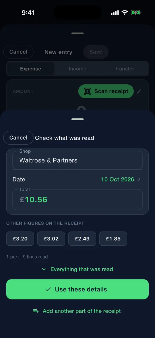 Expense Diary on iPhone in dark mode: Scan a receipt. Shop, date and total read from a receipt on the phone, ready to check.