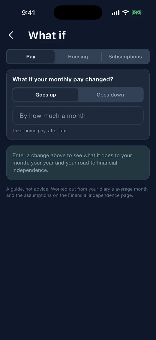 Expense Diary on iPhone in dark mode: What if. A pay change, a move or a cancelled subscription, and what each does to your year.