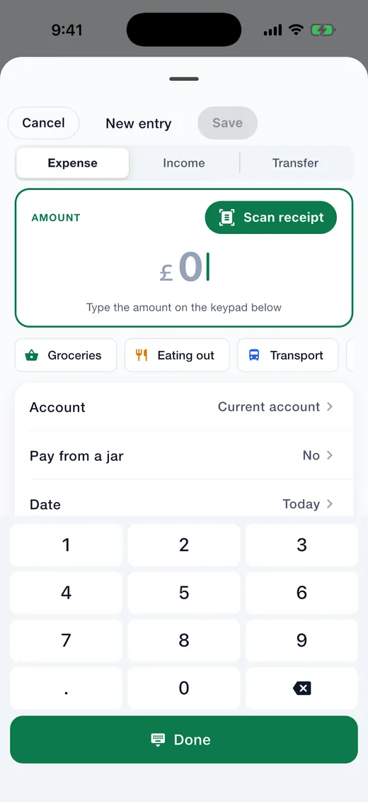 Expense Diary on iPhone: Add an entry. Amount-first keypad with category chips, pay from a jar and the receipt scanner.