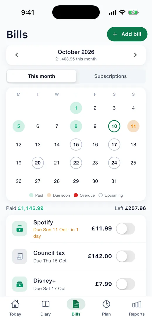 Expense Diary on iPhone: Bills calendar. The month as a calendar, each date coloured paid, due soon, overdue or upcoming, with a paid switch on every bill.