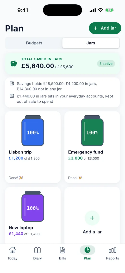Expense Diary on iPhone: Jars. Savings pots that fill as you add money, with the account each one sits in.