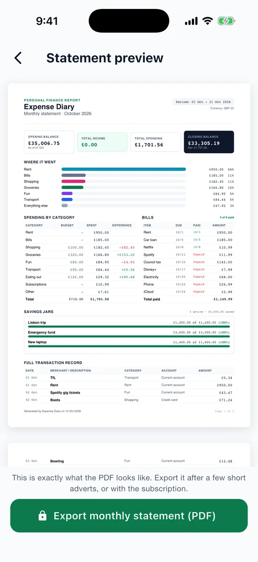 Expense Diary on iPhone: Statement. A monthly statement with a Where it went chart, exported as an A4 PDF or CSV for subscribers.