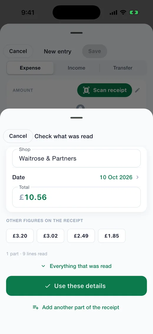 Expense Diary on iPhone: Scan a receipt. Shop, date and total read from a receipt on the phone, ready to check.