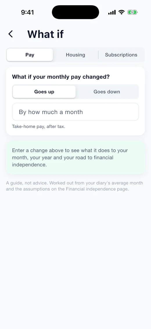Expense Diary on iPhone: What if. A pay change, a move or a cancelled subscription, and what each does to your year.