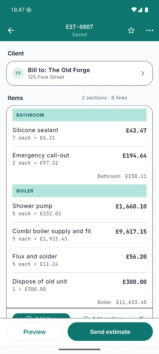 Plain Estimate on Android: an estimate being written. Lines grouped under Bathroom and Boiler headings, each section with its own subtotal, the catalog a tap away.