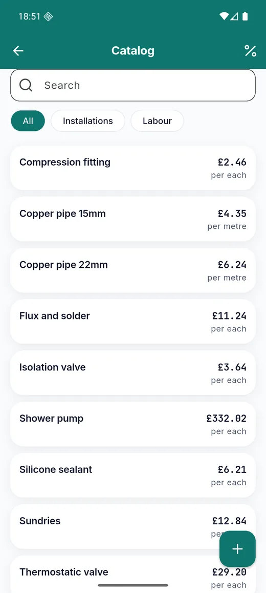 Plain Estimate on Android: the price list. Fittings, pipe by the metre, labour by the hour and the day rate, each priced by its own unit, grouped by category, a tap from any estimate.