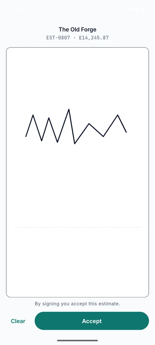 Plain Estimate on Android: signing. The customer signs on the phone and the signature stays on the estimate.