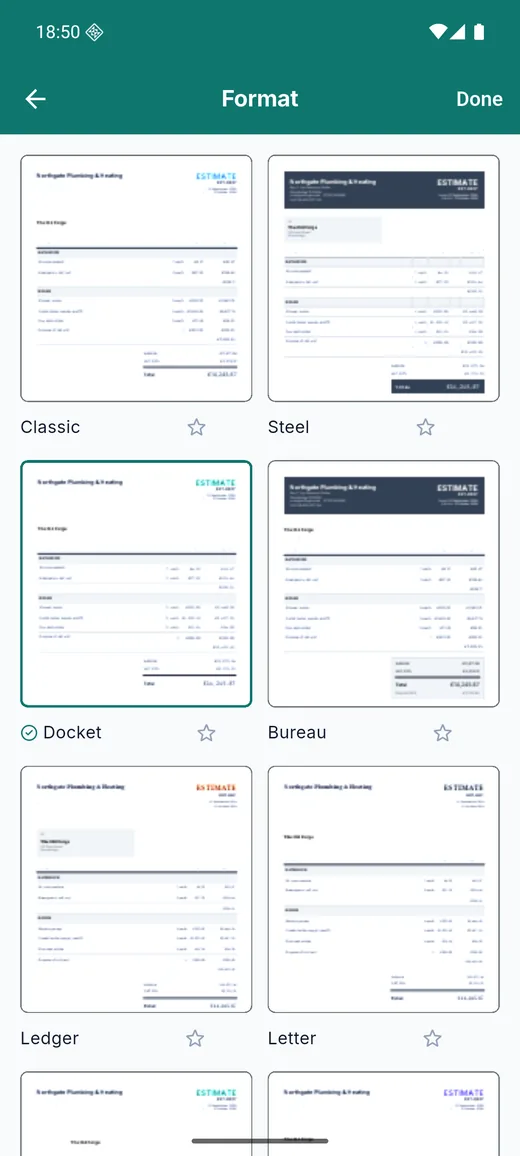 Plain Estimate on Android: the format picker. The same document drawn in different layouts, Classic and Steel free, the rest with the subscription.