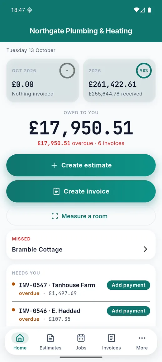 Plain Estimate on Android: Home. What was invoiced and received this month and this year, the amount owed to you, and the invoices that need chasing.