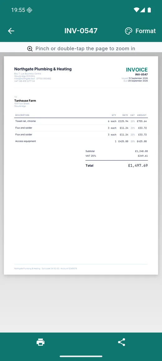 Plain Estimate on Android: the invoice preview. A four-line invoice for Tanhouse Farm drawn as the client will receive it, with print and share underneath.