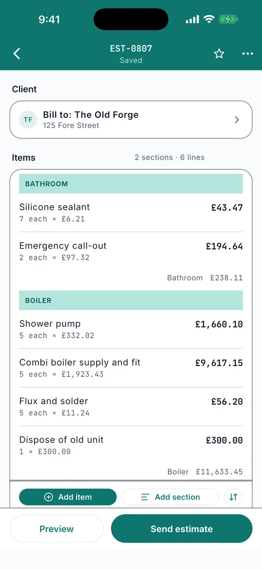 Plain Estimate on iPhone: an estimate being written. Lines grouped under Bathroom and Boiler headings, each section with its own subtotal, the catalog a tap away.