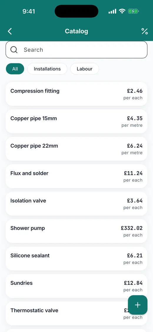 Plain Estimate on iPhone: the price list. Fittings, pipe by the metre, labour by the hour and the day rate, each priced by its own unit, grouped by category, a tap from any estimate.