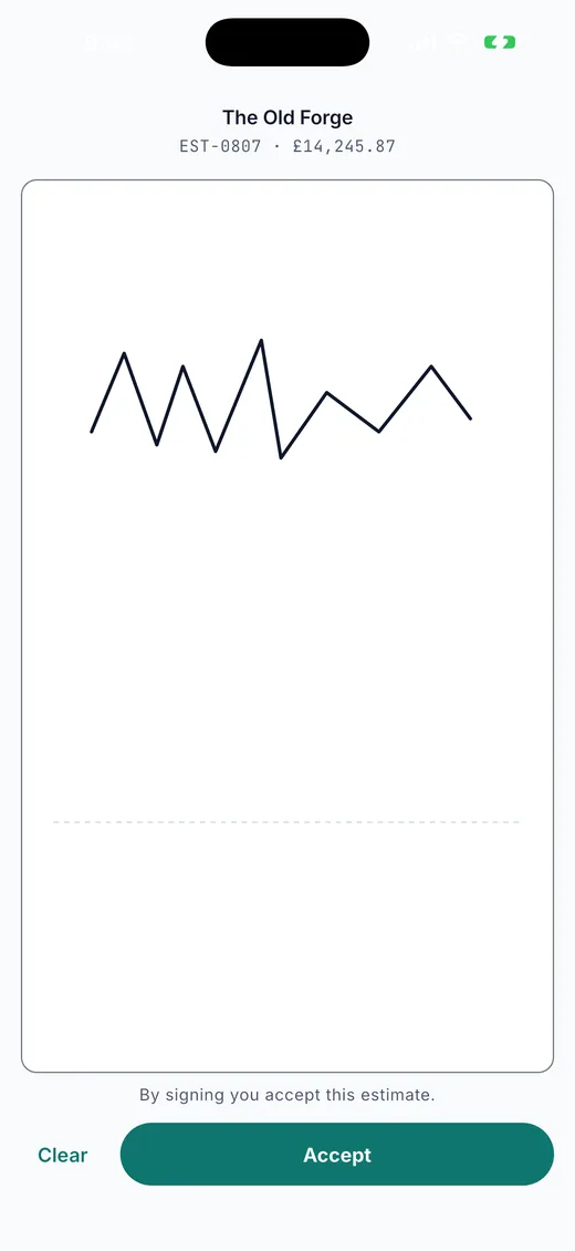 Plain Estimate on iPhone: signing. The customer signs on the phone and the signature stays on the estimate.