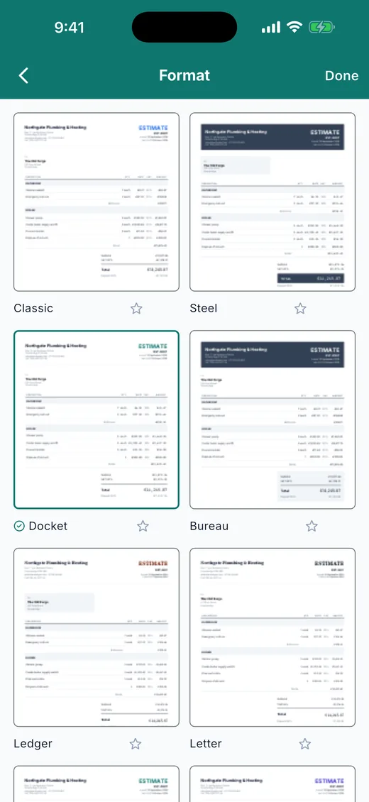Plain Estimate on iPhone: the format picker. The same document drawn in different layouts, Classic and Steel free, the rest with the subscription.