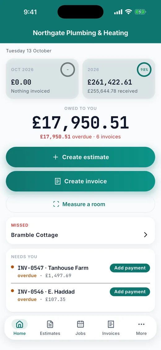 Plain Estimate on iPhone: Home. What was invoiced and received this month and this year, the amount owed to you, and the invoices that need chasing.