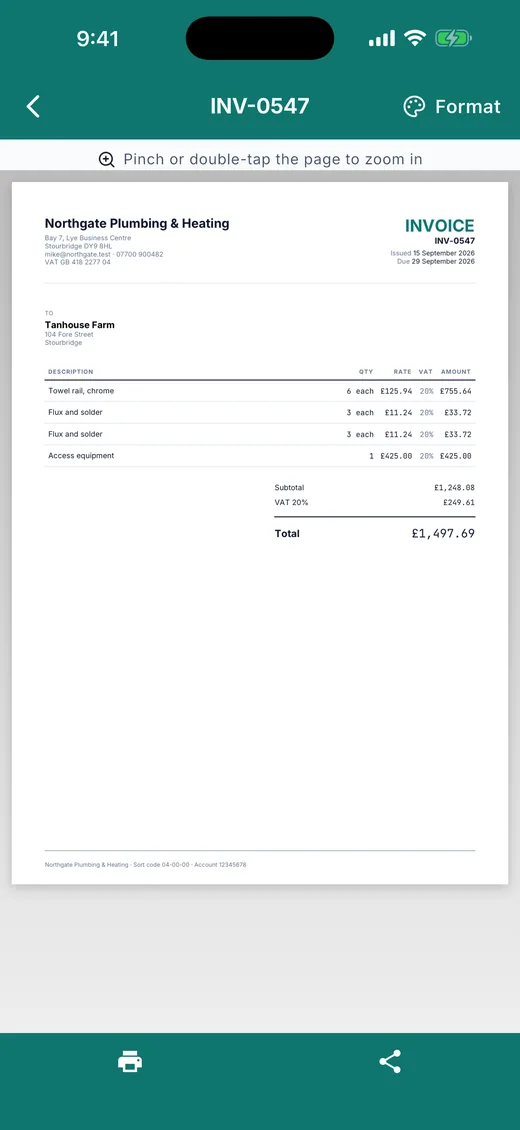 Plain Estimate on iPhone: the invoice preview. A four-line invoice for Tanhouse Farm drawn as the client will receive it, with print and share underneath.